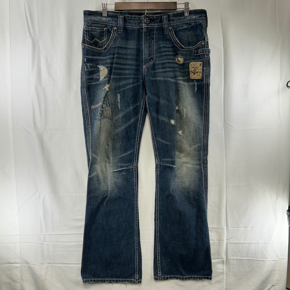 Affliction Cooper Relaxed Boot Jeans Mens 34 Blue Distressed Typhoon Wash